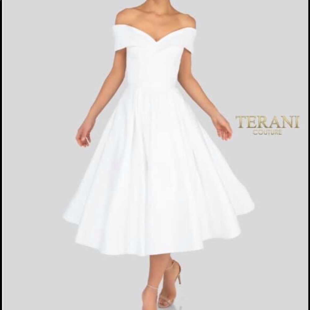 Terani Knee length white engagement dress